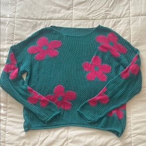 Teal and Pink Floral Women Sweater